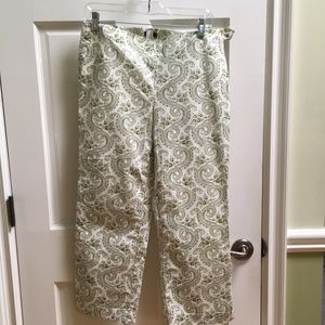 J Crew Green and Bone Paisley Crop Pants Sz 6